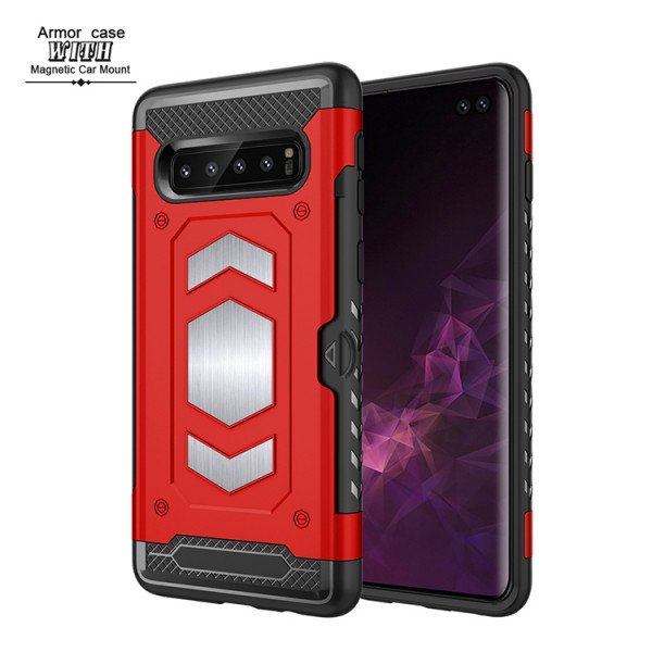 Wholesale Galaxy S10+ (Plus) Metallic Plate Case Work with Magnetic Holder and Card Slot (Red)